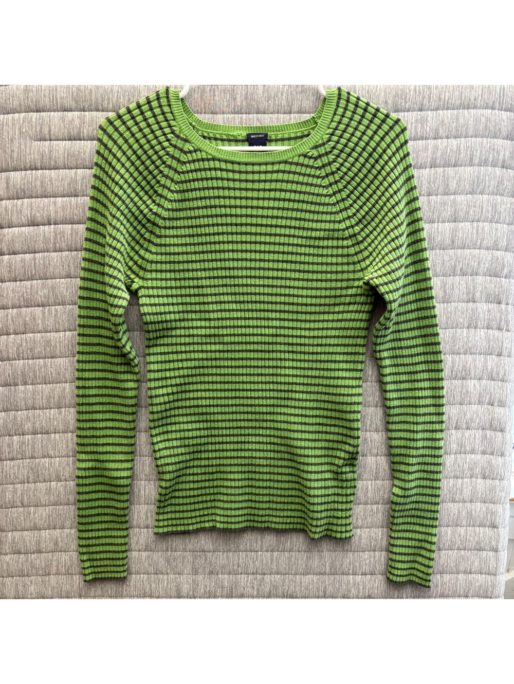 GAP Stretch Green and Dark Gray Striped Long Sleeve Ribbed Sweater Size Large